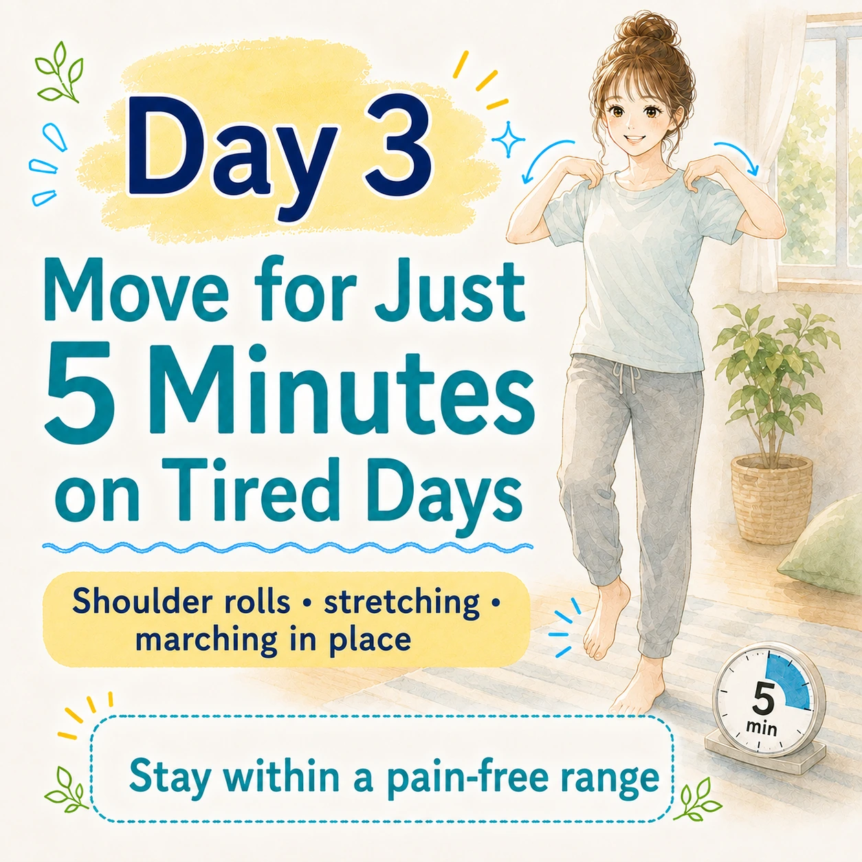 Day 3 move for five minutes on tired days