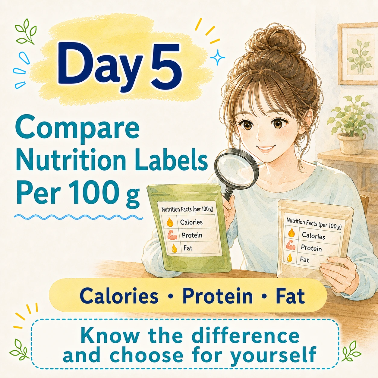Day 5 compare nutrition labels per 100 grams
