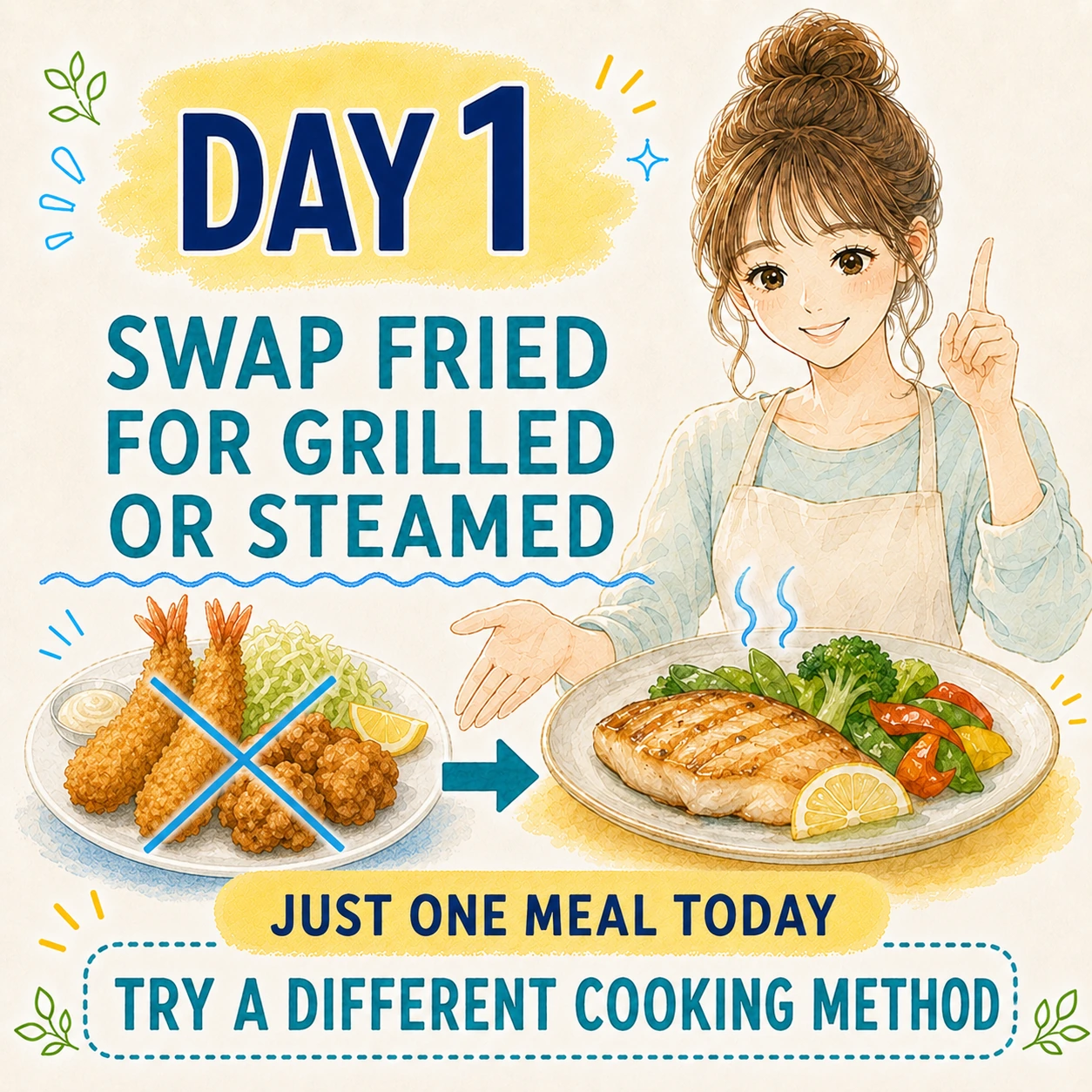 Day 1 swap fried food for grilled or steamed