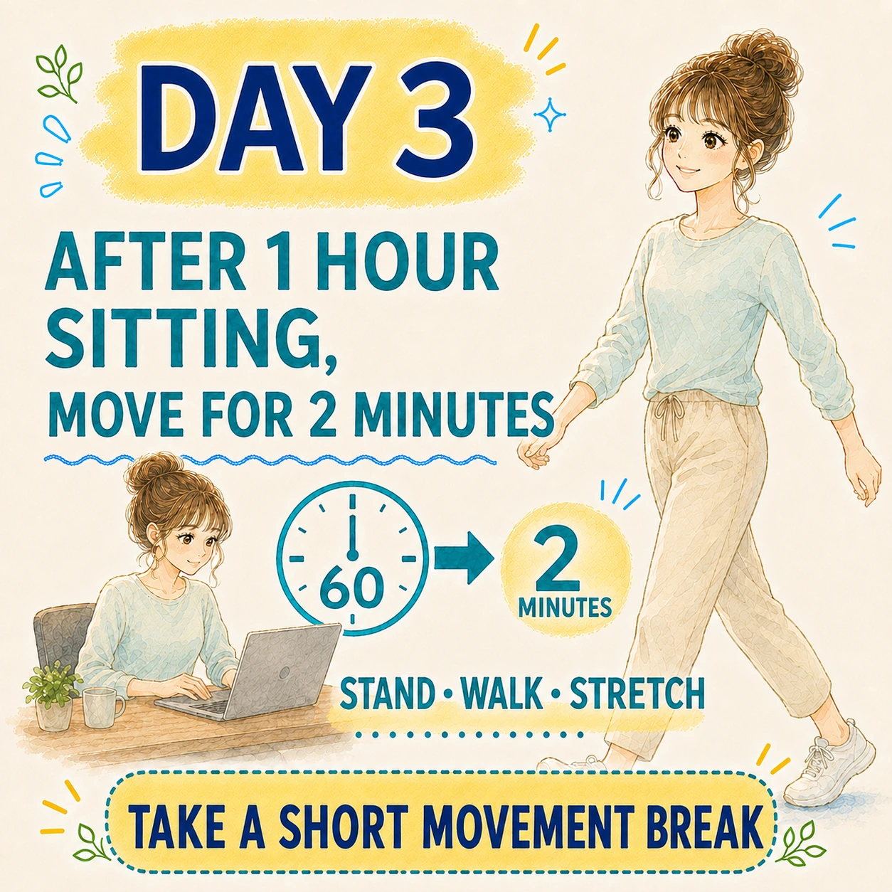 Day 3 move for two minutes after sitting for an hour