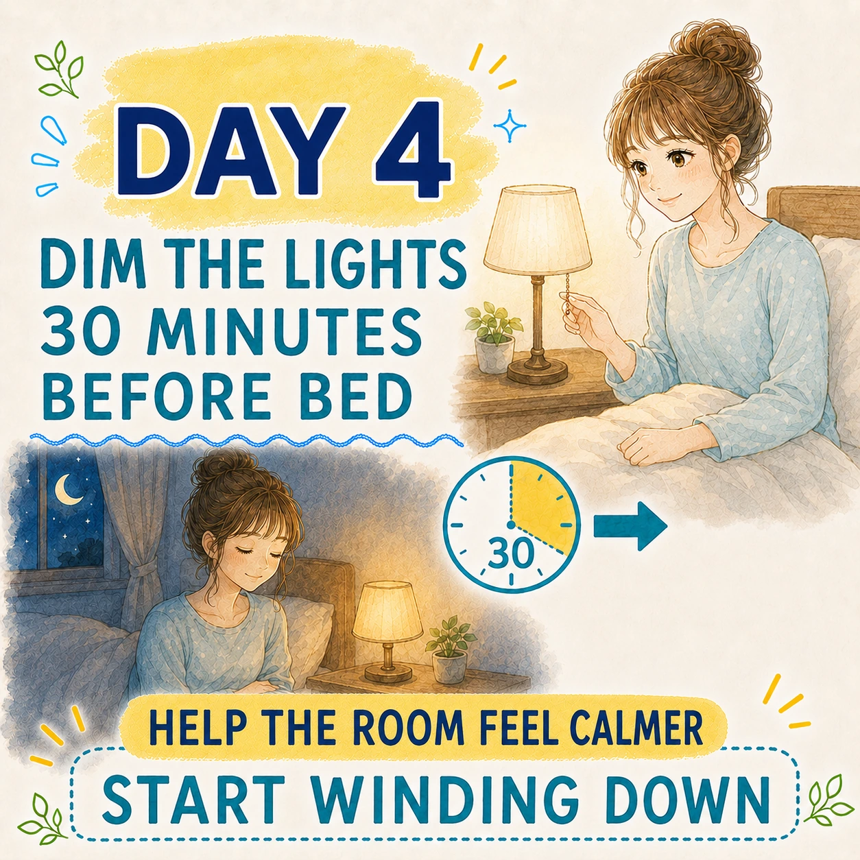 Day 4 dim the lights 30 minutes before bed