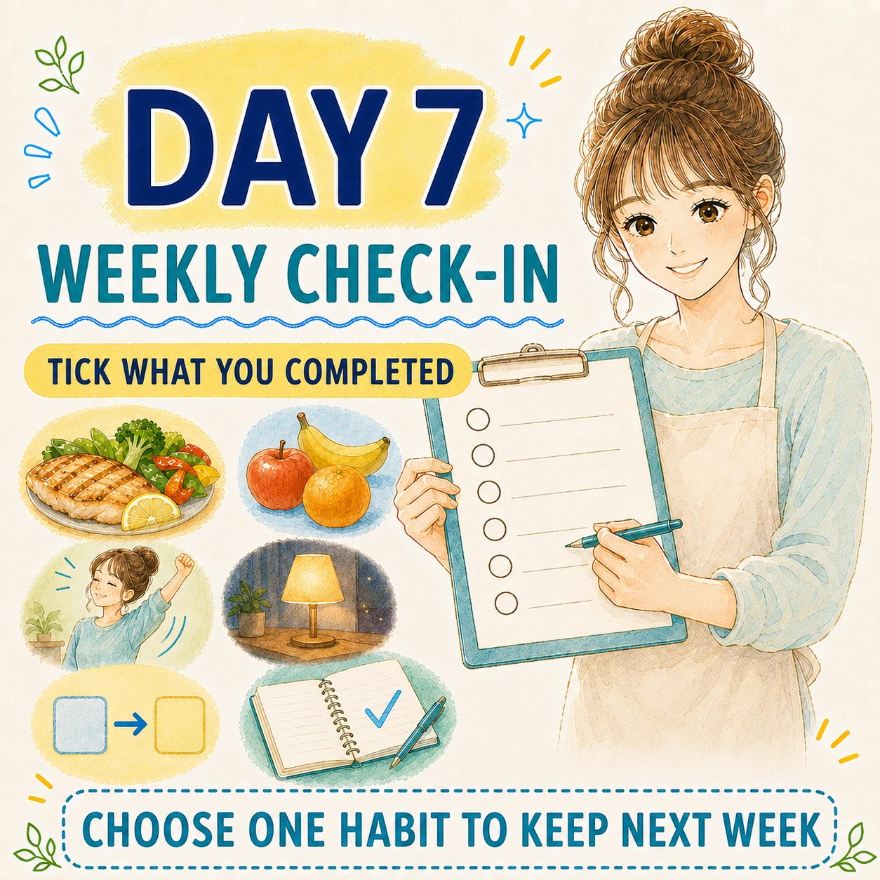 Week 8 weekly check-in for six simple daily habits