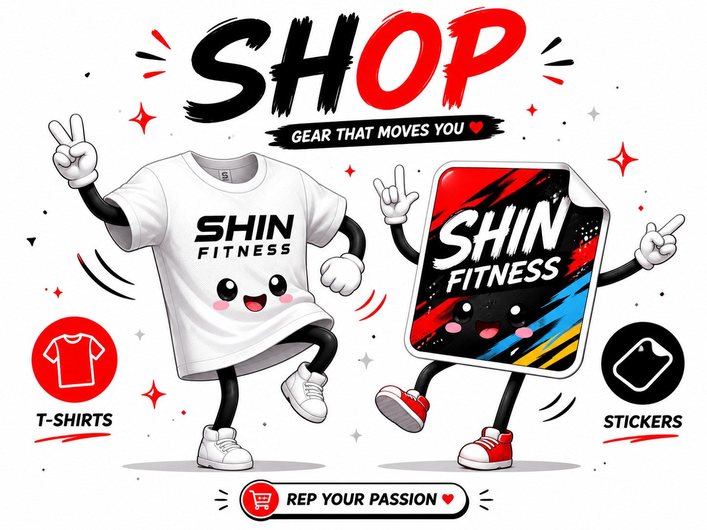 SHIN FITNESS shop T-shirt and sticker image