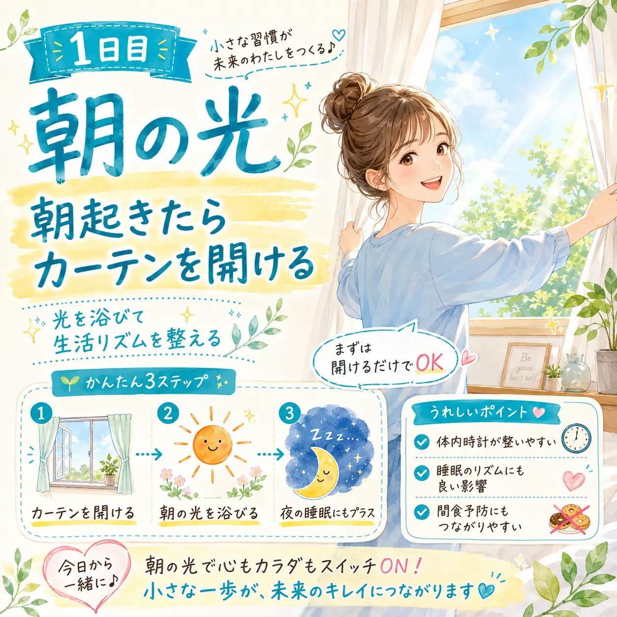 1日目 朝の光の日本語イラスト