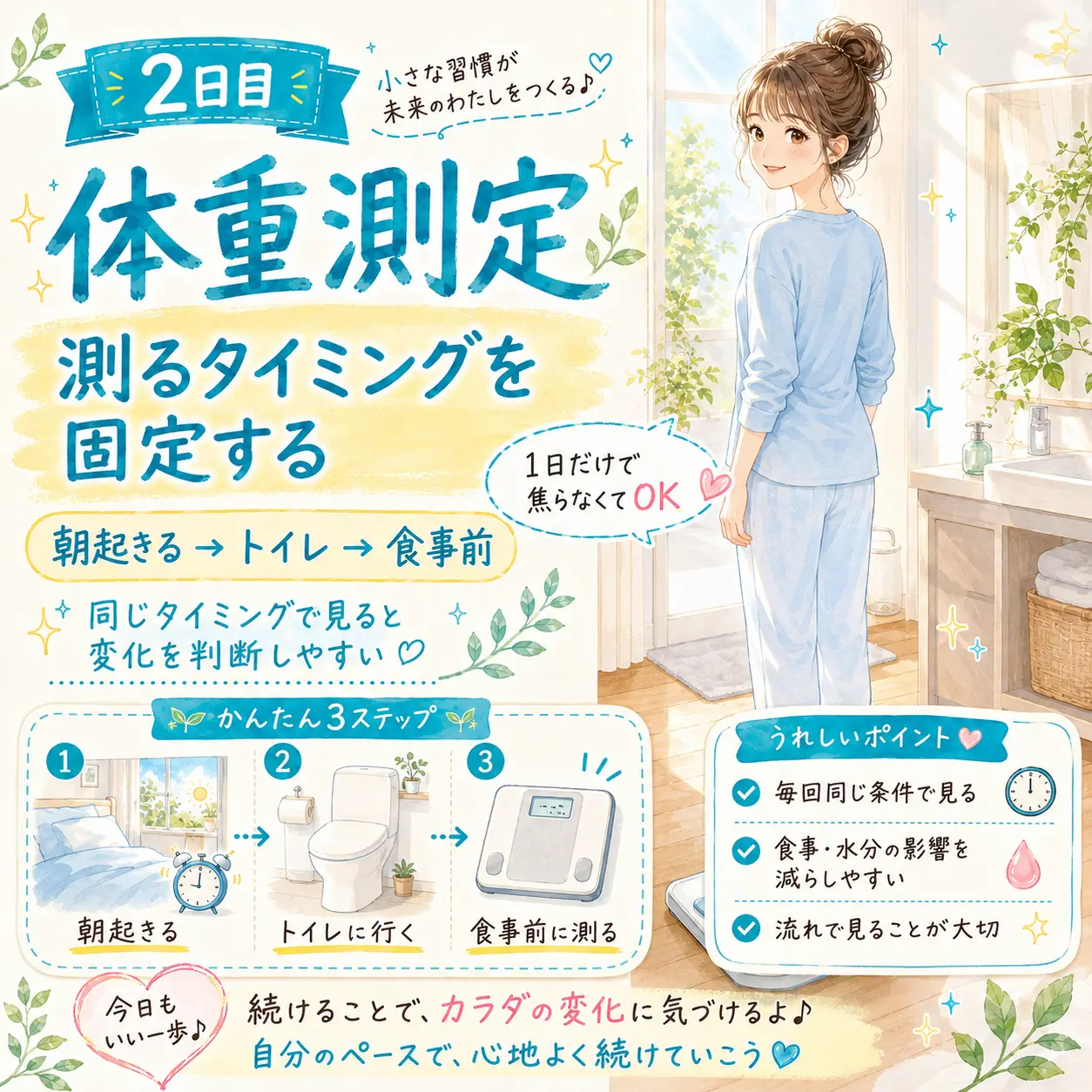 2日目 体重測定のタイミングを固定する日本語イラスト