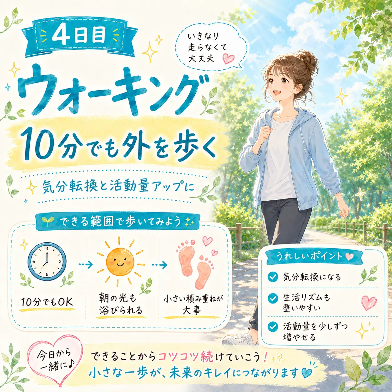 4日目 軽いウォーキングの日本語イラスト