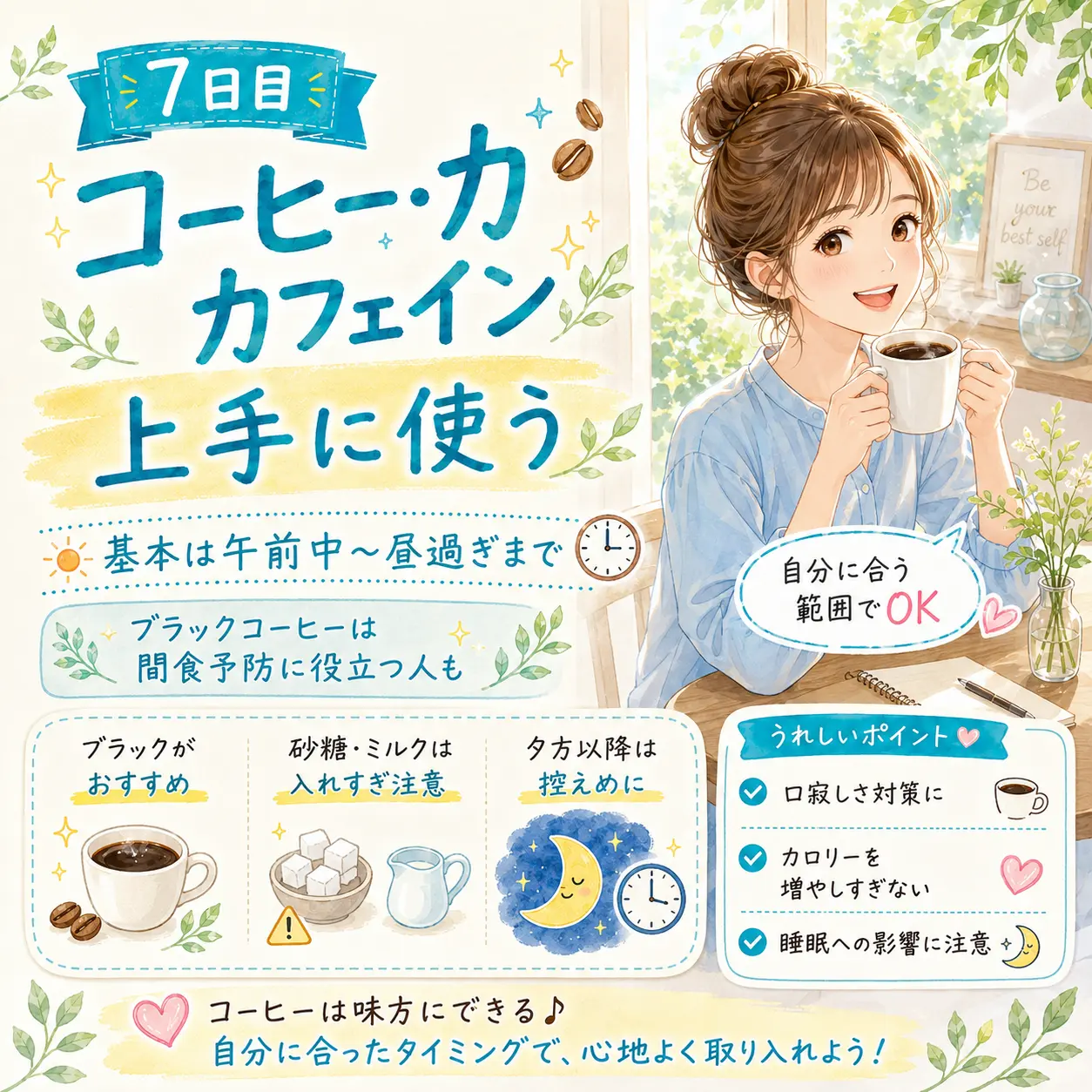7日目 コーヒーとカフェインの日本語イラスト
